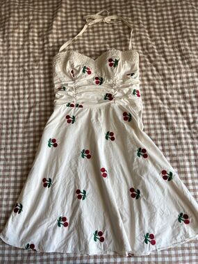 Betsey Johnson White Halter Cherry Print Sundress